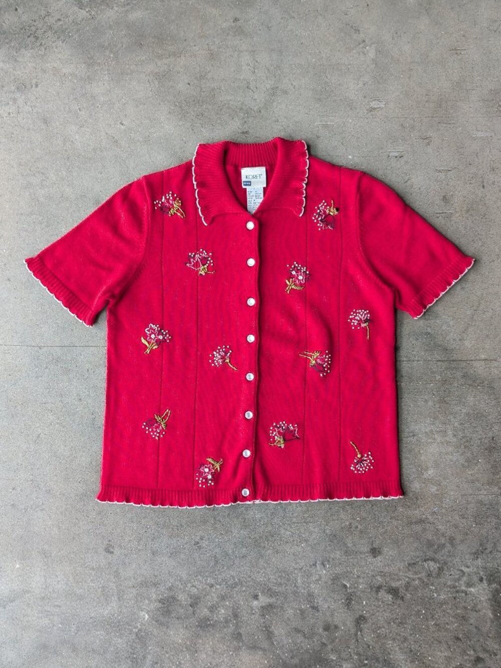 Vintage Coastal Grandma Red Floral Embroidered Collared Short Sleeve Sweater